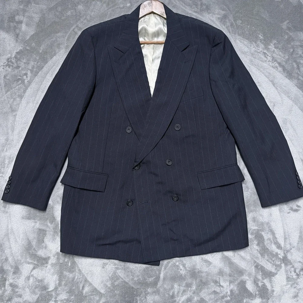 Paul Stuart Suit Jacket Mens 45 Long Navy Pinstripe Wool Double Breasted England
